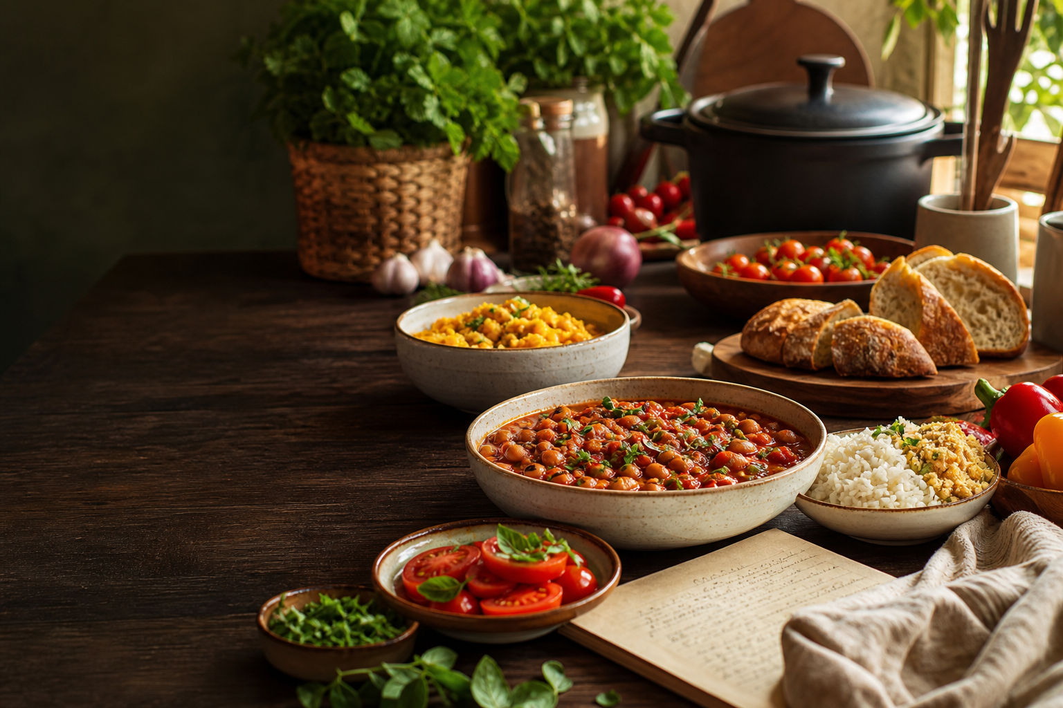 Ingredientes e utensílios organizados em mesa de cozinha