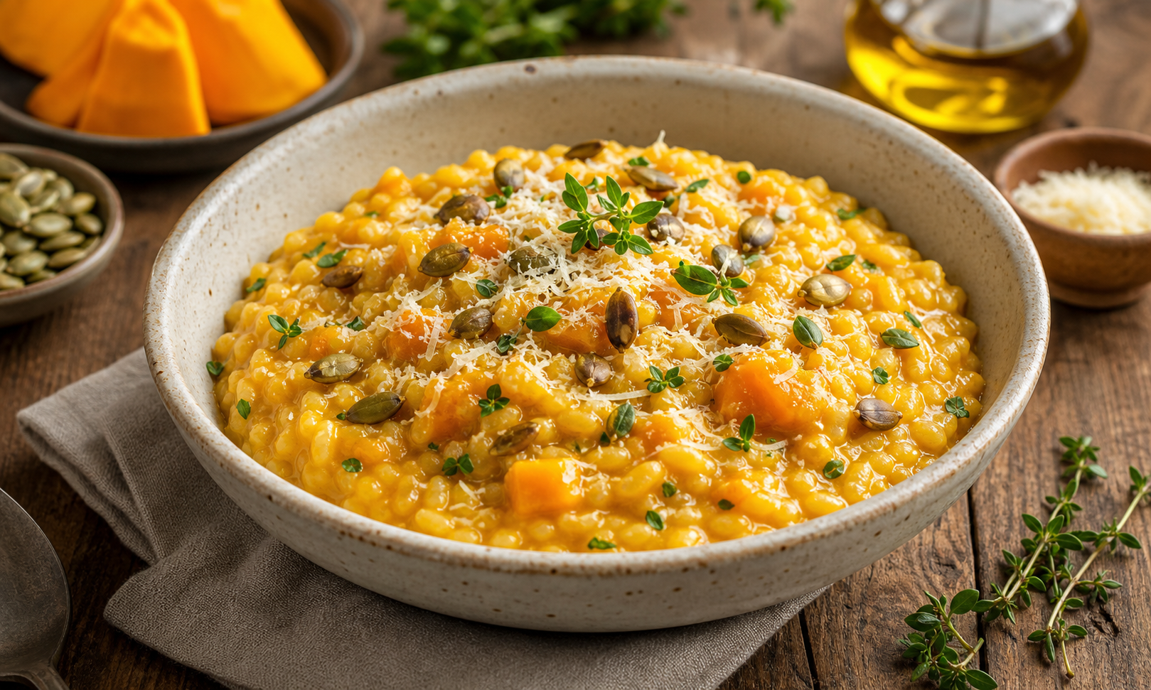 Risoto de abóbora servido em tigela de cerâmica