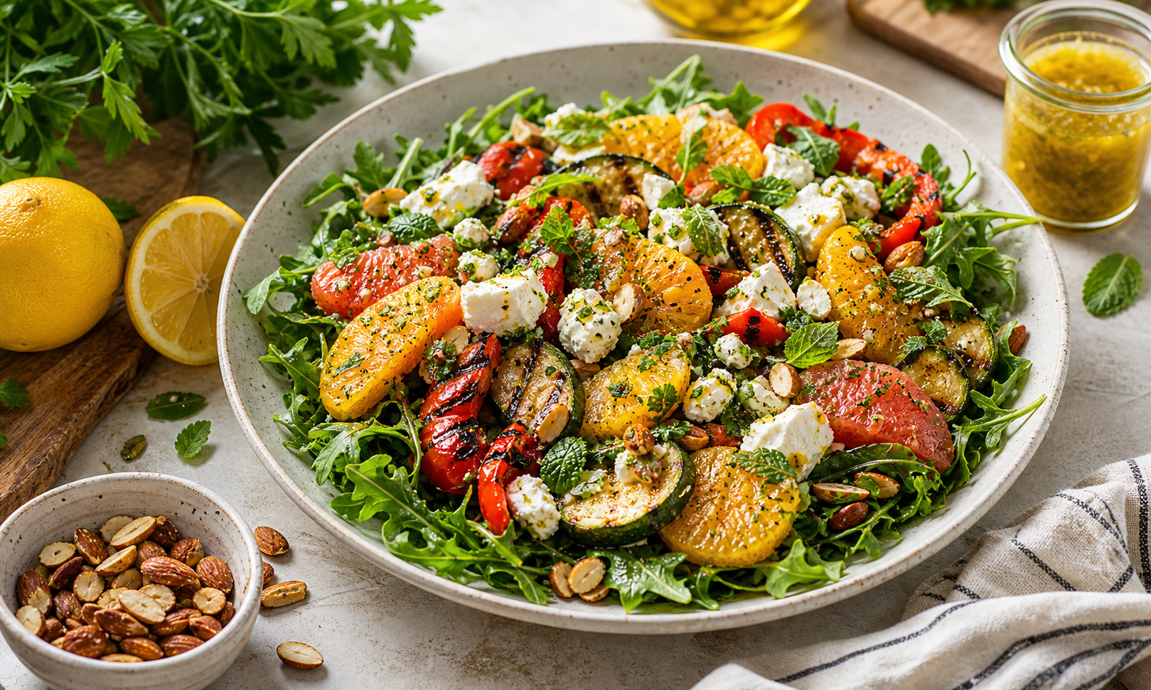 Salada colorida com folhas, cítricos e legumes grelhados