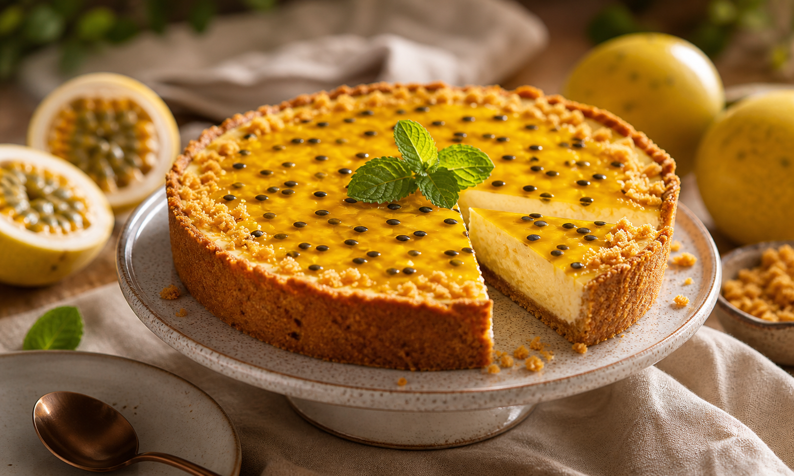Torta de maracujá com cobertura brilhante e hortelã